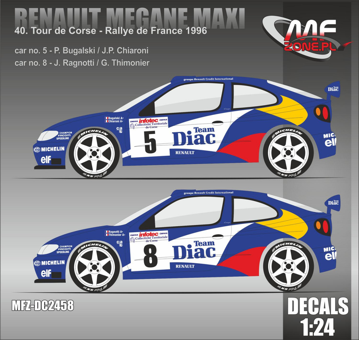 Decals 1/24 ref 27 renault megane maxi kit car gomez rally tour de corse 1996