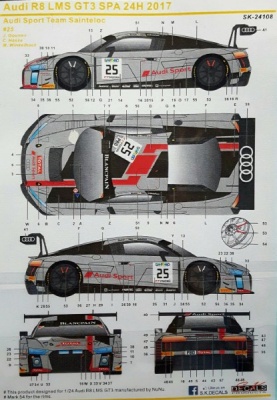 Sleva 100,-Kč (Discount 4,-Euro) Audi R8 LMS GT3 2017 24H of Spa Winner Audi Sport Team Sainteloc 1/24 - SKDecals